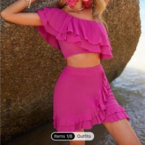 Pink two piece ruffle skirt set
